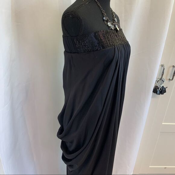 BEBE Black Silk Beaded Trim Formal Ruched Back Strapless Long maxi Dress size S - Picture 6 of 17